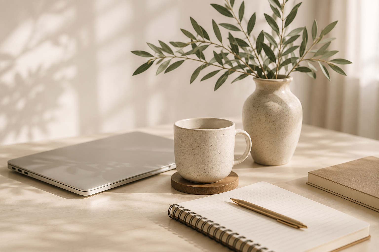 Escritorio cálido con cuaderno, café y lapicera